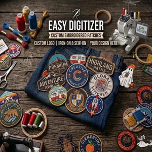 May include: A collection of custom embroidered patches featuring various designs like mountains, campers, rockets, and logos arranged on blue denim fabric. The scene includes sewing supplies, thread spools, scissors, and an embroidery machine.