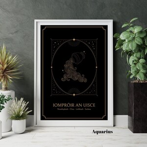 Impression du zodiaque Verseau | En tant que Gaeilge | Estampes irlandaises | Cadeaux d'astrologie irlandaise | Langue irlandaise | Art mural irlandais | Cadeaux du zodiaque | Impression céleste