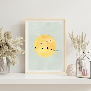 Sage Green Moon Japandi Wall Art, Japandi Art Print, Flying Birds Wall Art, Abstract Art, Living Room Decor, Japanese Wall Art