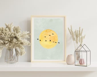 Sage Green Moon Japandi Wall Art, Japandi Art Print, Flying Birds Wall Art, Abstract Art, Fine Art Living Room Decor, Japanese Wall Art