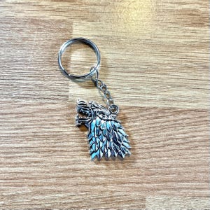 May include: A silver-toned metal keyring featuring a circular split ring attached to a short chain and a pendant shaped like a stylised wolf head with an open mouth, showing detailed fur-like textures and sharp, defined features throughout.