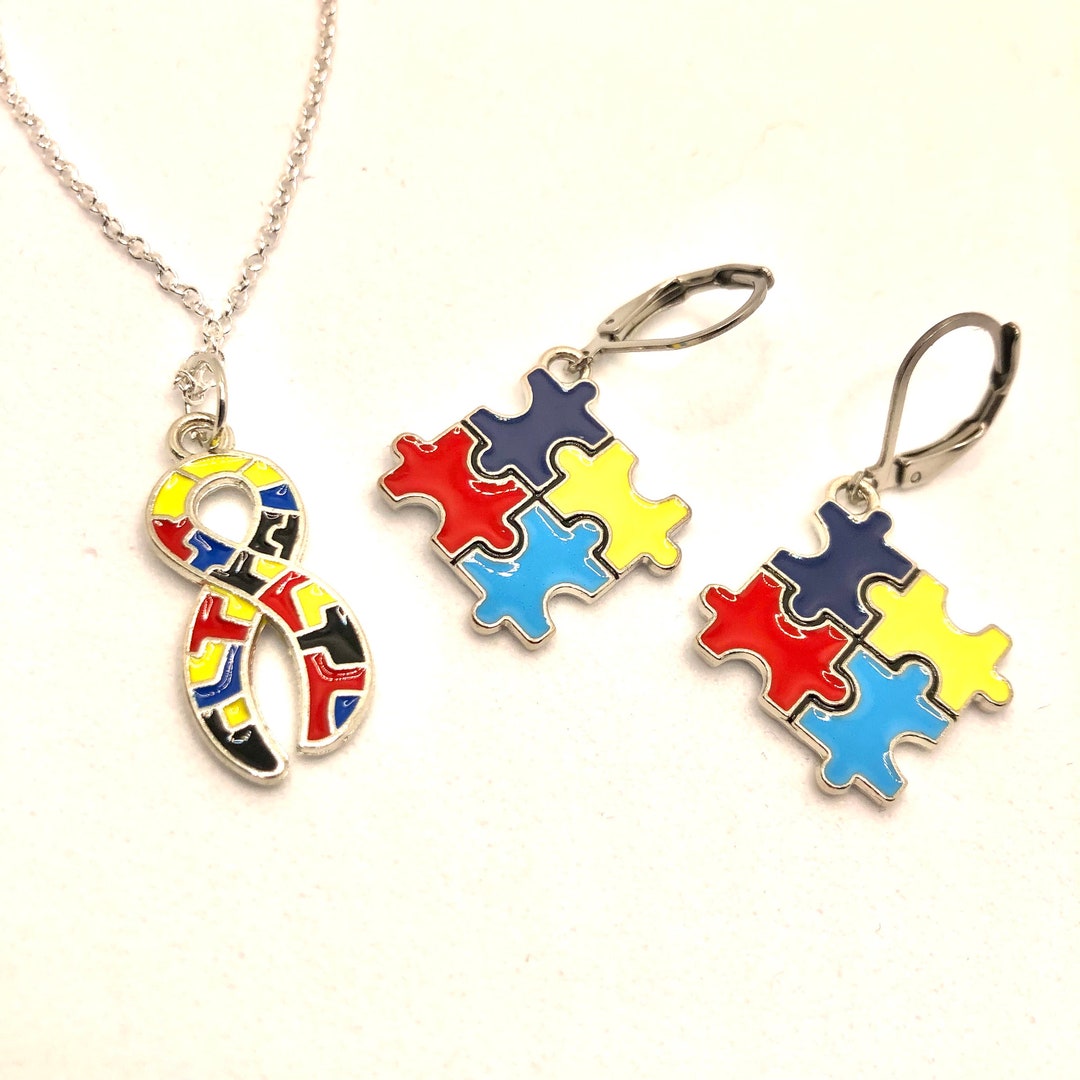 Autism Awareness Jewellery Set - Puzzle Piece Necklace & Earrings - Etsy UK