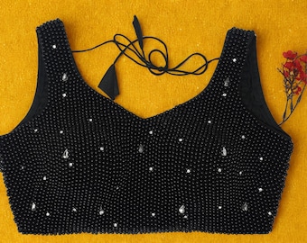 Black Heavy Beaded Saree Blouse, Indian Bridal Handwork Party Wear