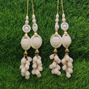 White Indian Beaded Tassel for Saree Blouse Lehenga Embellished HandBags Dupatta Decorative Bridal Wedding dress Latkan for Women 1 Pair