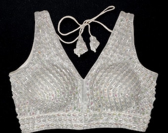 Indian Bridal Beaded Saree Blouse, Silver White, Readymade Stitched Sari Top