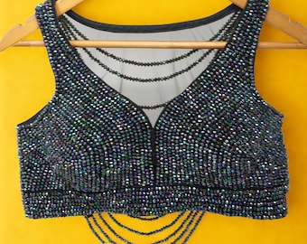 Black Heavy Beaded Saree Blouse, Indian Bridal Handwork Embroidery (Adjustable Size)