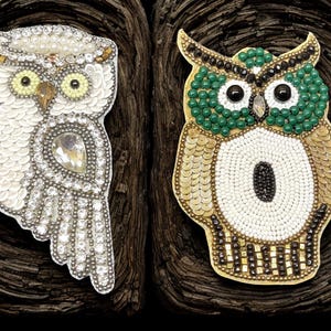 May include: Two decorative owl brooches. One is white with sequins and rhinestones, the other is green, gold, and white with beads and sequins. Both are on a dark, textured background.