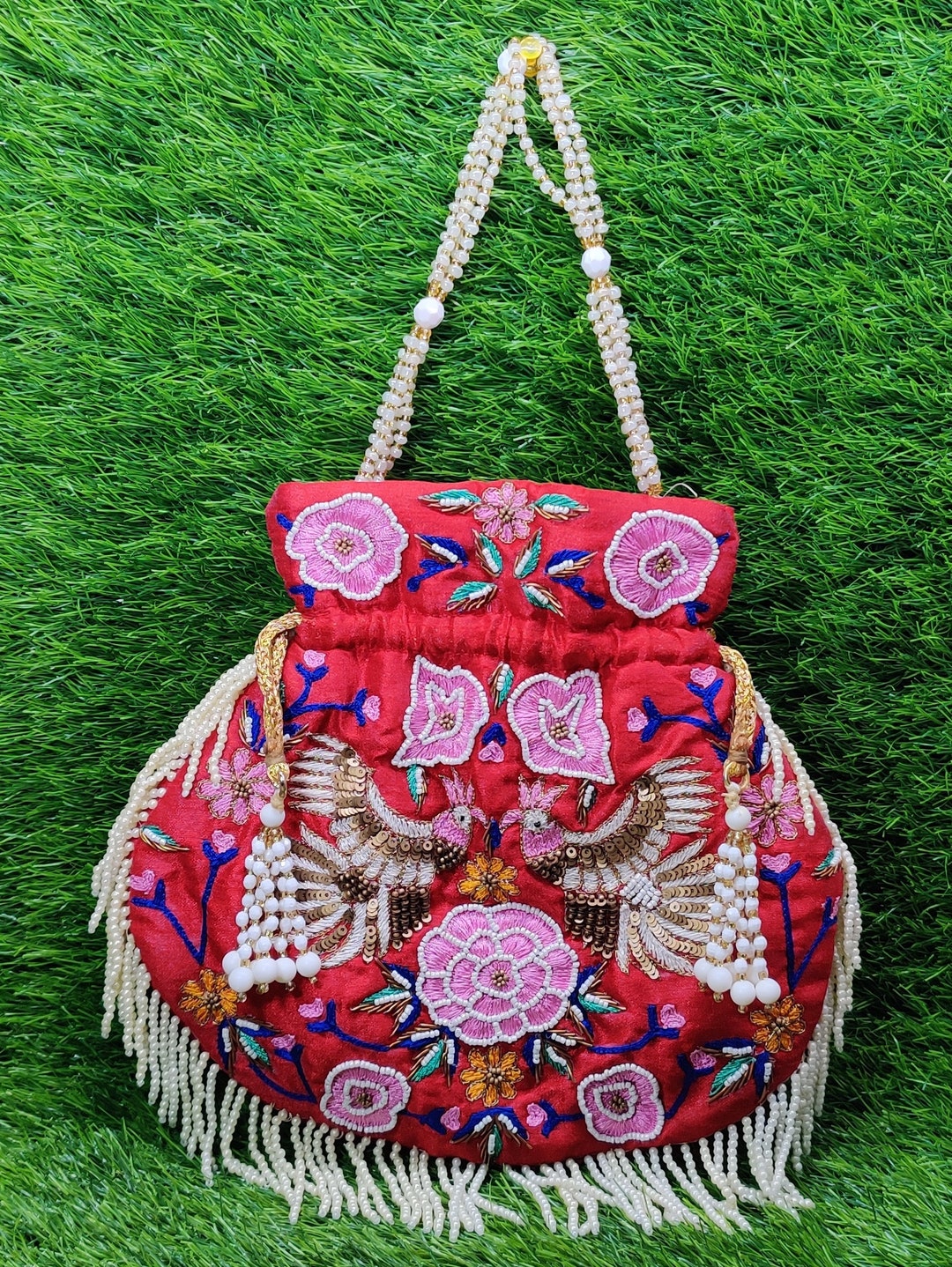 Bolso Potli rojo hecho a mano con cuentas, bolso de mano para bodas ...