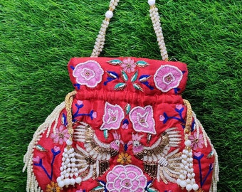 Handmade Red Beaded Potli Bag, Indian Wedding Bridal Handbag