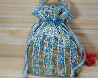 Handmade Beaded Potli Bag, Light Blue Indian Wedding Favor
