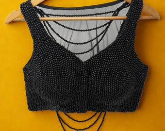 Black Heavy Beaded Designer Blouse, Indian Bridal Saree Embroidery Handwork