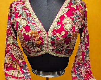 Hot Pink Sequin Embroidered Stitched Blouse, Indian Bridal Saree Choli