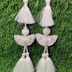 Indian White color Handmade Beaded Latkan Tassels for Saree Blouse HandBags Hangings Dupatta Bridal Wedding dress for Women pair of 2 pcs