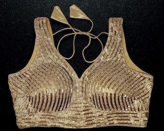 Camicetta per sari dorata pronta da cucire, abito da sposa indiano, ricamo a mano.