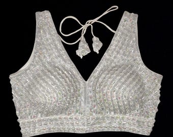 Silver Beaded Stitched Saree Blouse, Indian Bridal Wedding Wear, Padded Back Hook Closure