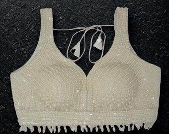 White Beaded Saree Blouse, Heavy Handwork, Indian Bridal Wear, Festive Occasion