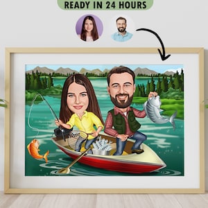Custom Fishing Couple Cartoon Portrait, Gift for Fisher, Fisherman Caricature, Fisher Cartoon, Couple Caricature, Caricature from Photo