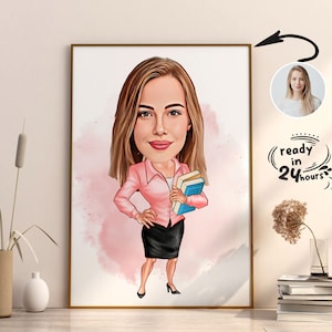 Custom Female Teacher Cartoon, Teacher Caricature from Photo, Gift for Teacher, Teacher Portrait, Teacher Cartoon, Fun Teacher Caricature