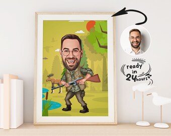 Custom Hunter Cartoon Portrait, Hunter Portrait, Gift for Hunter, Hunter Caricature, Unique Hunter Gift, Hunter Caricature from Photo