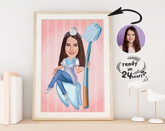 Custom Woman Dentist Cartoon Portrait, Dentist Portrait, Gift for Female Dentist, Dentist Caricature from Photo, Funny Dentist Cartoon Gift