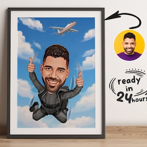 Niestandardowy portret skoczka spadochronowego, karykatura skoczka spadochronowego, prezent dla skoczka spadochronowego, zabawna karykatura skoczka spadochronowego, portret skoczka spadochronowego, karykatura ze zdjęcia