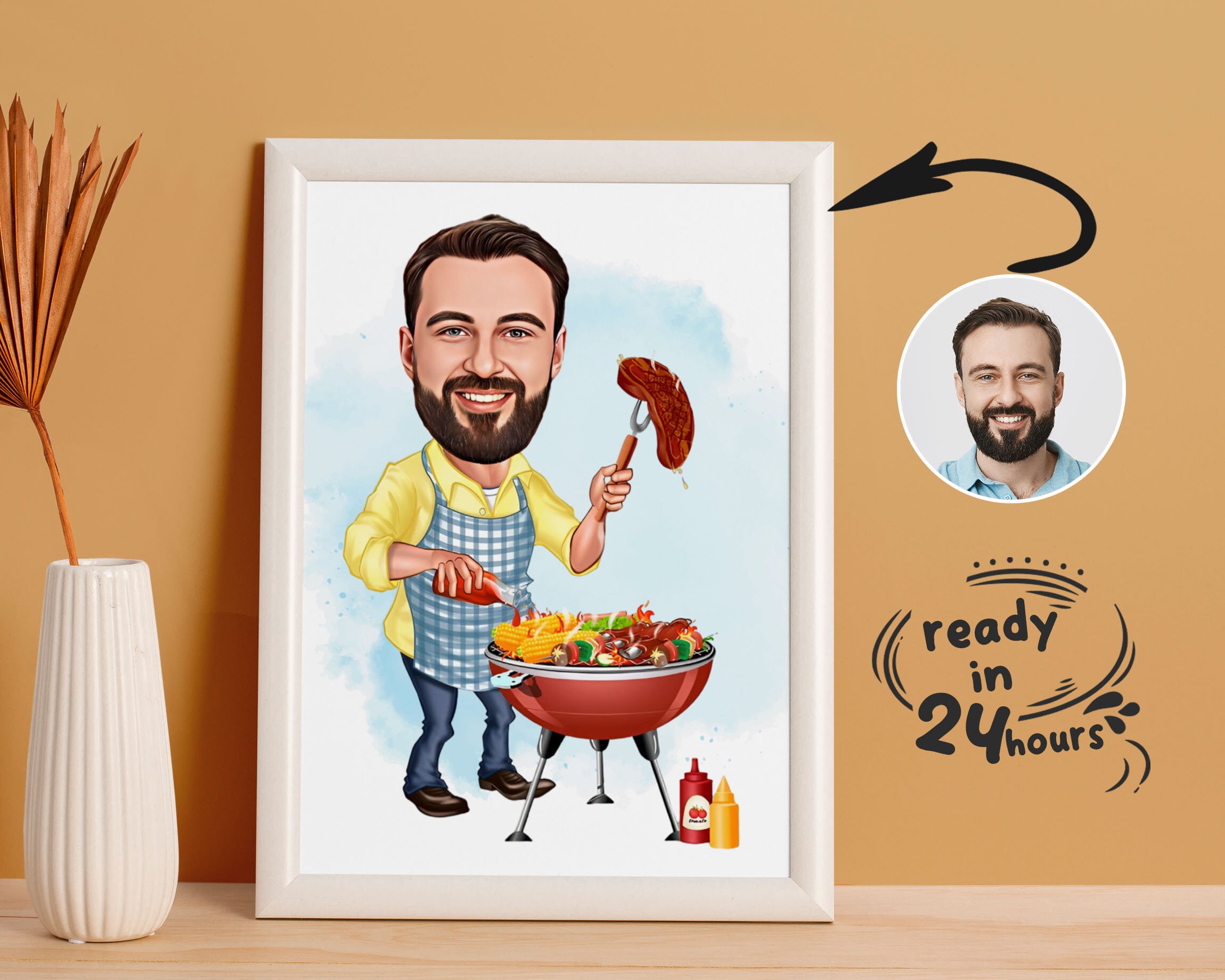 BBQ Caricature From Photo, Funny BBQ Gift for Men, BBQ or Grill