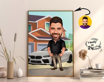 Retrato de caricatura masculina personalizado, caricatura masculina, regalo para amantes de los autos, caricatura personalizada, regalo de aniversario, caricatura de foto