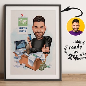 Custom Super Boss Cartoon Portrait, Super Boss Caricature, Gift for Male Boss, Boss Cartoon, Funny Boss, Boss Caricature from Photo