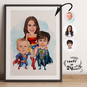 Benutzerdefinierte Super Familien Cartoon Porträt, Familien Porträt, Familien Geschenk, Super Familie Karikatur, Superheld Karikatur, Karikatur vom Foto