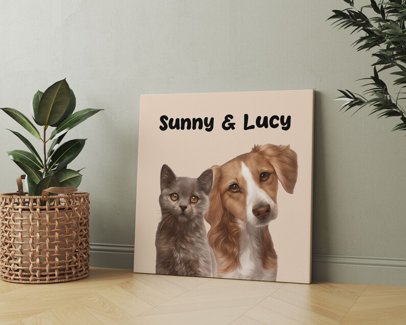K&ouml;nnte beinhalten: Ein digitales Gem&auml;lde einer grauen Katze und eines braunen und wei&szlig;en Hundes. Die Katze ist links und der Hund rechts. Der Text "Sunny & Lucy" befindet sich oben im Bild.