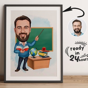 Custom Male Teacher Cartoon, Teacher Caricature from Photo, Gift for Teacher, Teacher Portrait, Teacher Cartoon, Fun Teacher Caricature