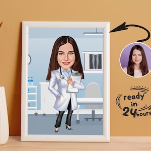 Aangepaste vrouw arts cartoon portret, arts portret, arts karikatuur, cadeaus voor arts, cadeau vrouwen arts, tekening arts cartoon
