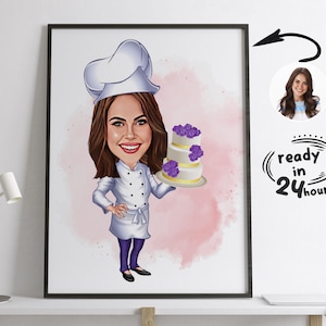 Retrato de chef pastelero personalizado, caricatura de chef, regalo para chef, caricatura de chef, regalo divertido de chef, caricatura personalizada a partir de una foto, regalo de chef