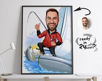 Custom Fisherman Cartoon Portrait, Gift for Fisher, Fisherman Caricature, Fisher Cartoon, Custom Caricature, Fisher Caricature from Photo