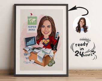 Custom Female Super Boss Cartoon Portrait, Boss Portrait, Gifts for Boss, Boss Caricature, Boss Lady Cartoon, Funny Boss Lady Caricature