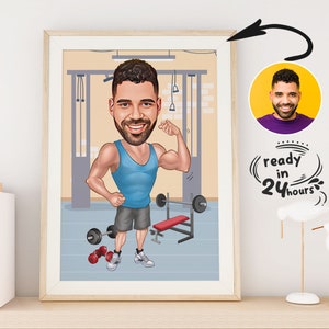 Retrato de dibujos animados de fitness personalizado, caricatura de fitness, regalo para levantadores de pesas, caricatura de levantadores de pesas, dibujos animados de fitness, dibujos animados personalizados