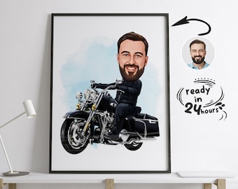 Personalized Motorcyclist Cartoon Portrait, Motorcyclist Portrait, Gift for Motorcyclist, Motorcyclist Caricature, Caricature from Photo