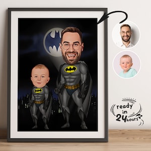 Benutzerdefinierte Super Dad und Kinder Cartoon Portrait, Superheld Karikatur, Super Dad Karikatur, Super Dad Portrait, Papas Geschenk, Vatertagsgeschenk