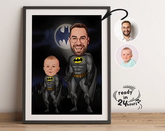 Benutzerdefinierte Super Dad und Kinder Cartoon Portrait, Superheld Karikatur, Super Dad Karikatur, Super Dad Portrait, Papas Geschenk, Vatertagsgeschenk