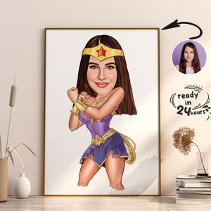 Benutzerdefinierte Super Woman Cartoon Portrait, Frauenporträt, Frauengeschenk, Super Woman Karikatur, Superhelden-Karikaturzeichnung, Karikatur vom Foto