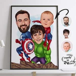 Retrato personalizado de superhéroe con sus hijos, caricatura de superhéroe, caricatura de superhéroe, retrato de superhéroe, regalo para papá, regalo para el Día del Padre