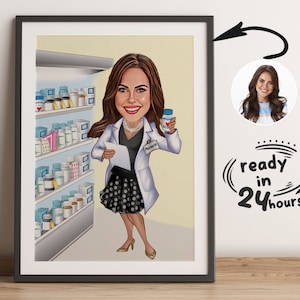 Niestandardowy portret farmaceutki z kreskówek, portret farmaceutki, prezent dla farmaceutki, karykatura farmaceutki ze zdjęcia, prezent dla farmaceutki