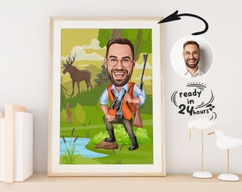 Custom Hunter Cartoon Portrait, Hunter Portrait, Gift for Hunter, Hunter Caricature, Unique Hunter Gift, Hunter Caricature from Photo