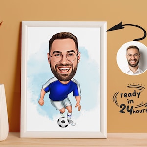 Retrato de caricatura de jugador de fútbol personalizado, caricatura de fútbol, regalo de fútbol, caricatura de futbolista, retrato de fútbol, caricatura personalizada a partir de foto