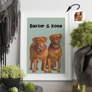 K&ouml;nnte beinhalten: Ein wei&szlig;er gerahmter Druck mit hellgr&uuml;nem Hintergrund, auf dem zwei braune Hunde zu sehen sind. Die Hunde hei&szlig;en Baxter & Kona. Der Druck h&auml;ngt an einer wei&szlig;en Wand.