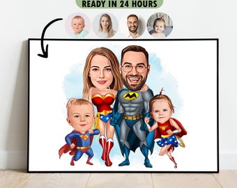Custom Superhero Family Cartoon Portrait, Family Portrait, Family Gift, Super Family Caricature, Superhero Caricature, Caricature from Photo