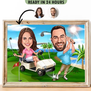 Benutzerdefinierte Golfer Paar Cartoon Porträt, Paar Porträt, Geschenk für Paar, Paar Karikatur, Karikatur vom Foto, Golfer Cartoon, Cartoon