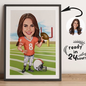 Ritratto di donna calciatrice personalizzato, ritratto di calciatrice, regalo di calciatrice, caricatura di calciatrice, caricatura di football americano per donna