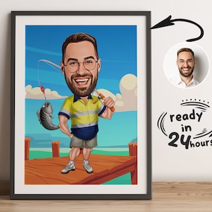 Ritratto di un pescatore in stile cartoon personalizzato, regalo per un pescatore, caricatura di un pescatore, cartone animato di un pescatore, caricatura personalizzata, caricatura di un pescatore da foto