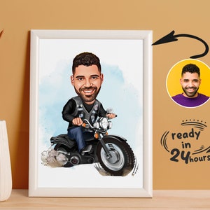 Personalized Motorcyclist Cartoon Portrait, Motorcyclist Portrait, Gift for Motorcyclist, Motorcyclist Caricature, Caricature from Photo